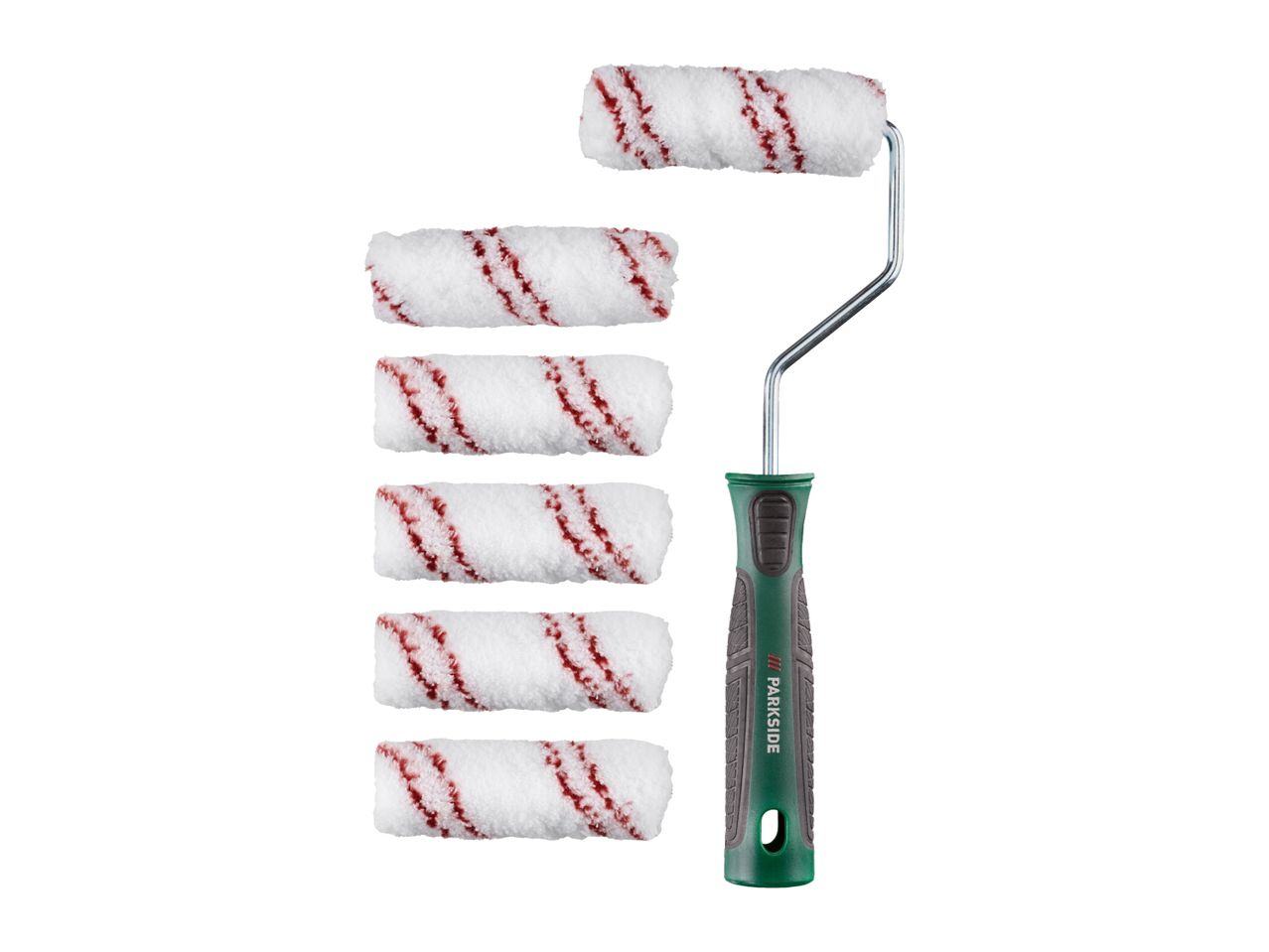 Paint roller with five replacement rollers, white with red stripes.
