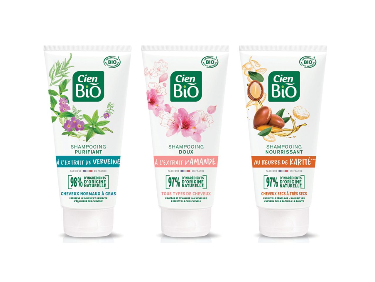 Shampoings Cien Bio: verveine, amande, karité.