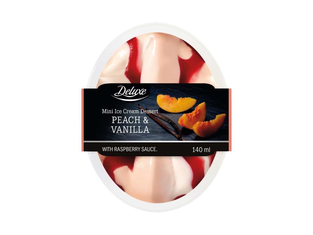 'Deluxe' miniatiūrinis ledo deserto puodelyje su persikais ir vanilės skoniu bei aviečių padažu (140 ml).