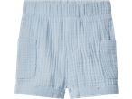 Light blue crinkled cotton shorts with an elastic waistband and front pockets.