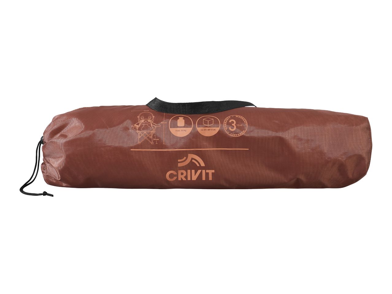 A brown Crivit camping chair is packed in its carrying bag.