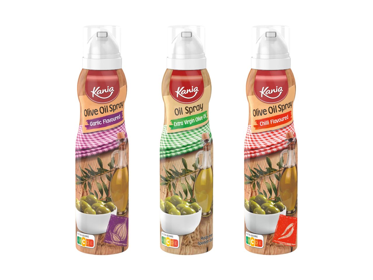 Trois bouteilles d'huile en spray aromatisée.