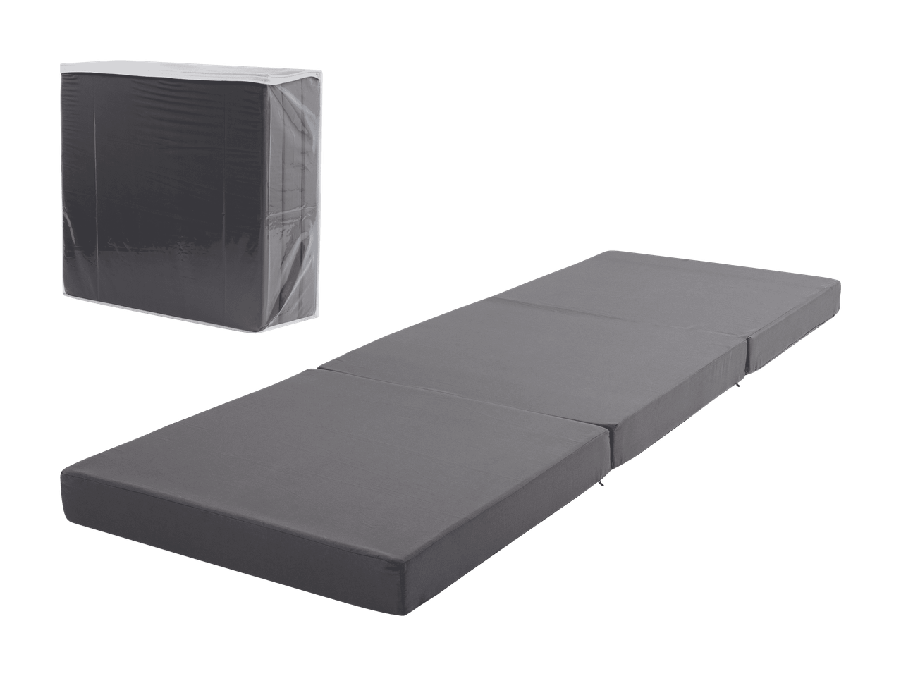 Matelas pliant gris et son emballage transparent.