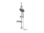 Chrome shower rail with a multi-function shower head, hose, and soap dish