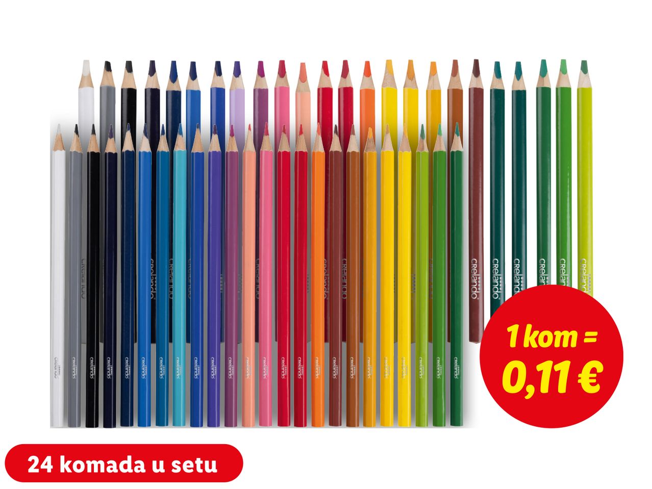 Set od 24 Crelan olovke u boji, s cijenom od 0,11 € po komadu.