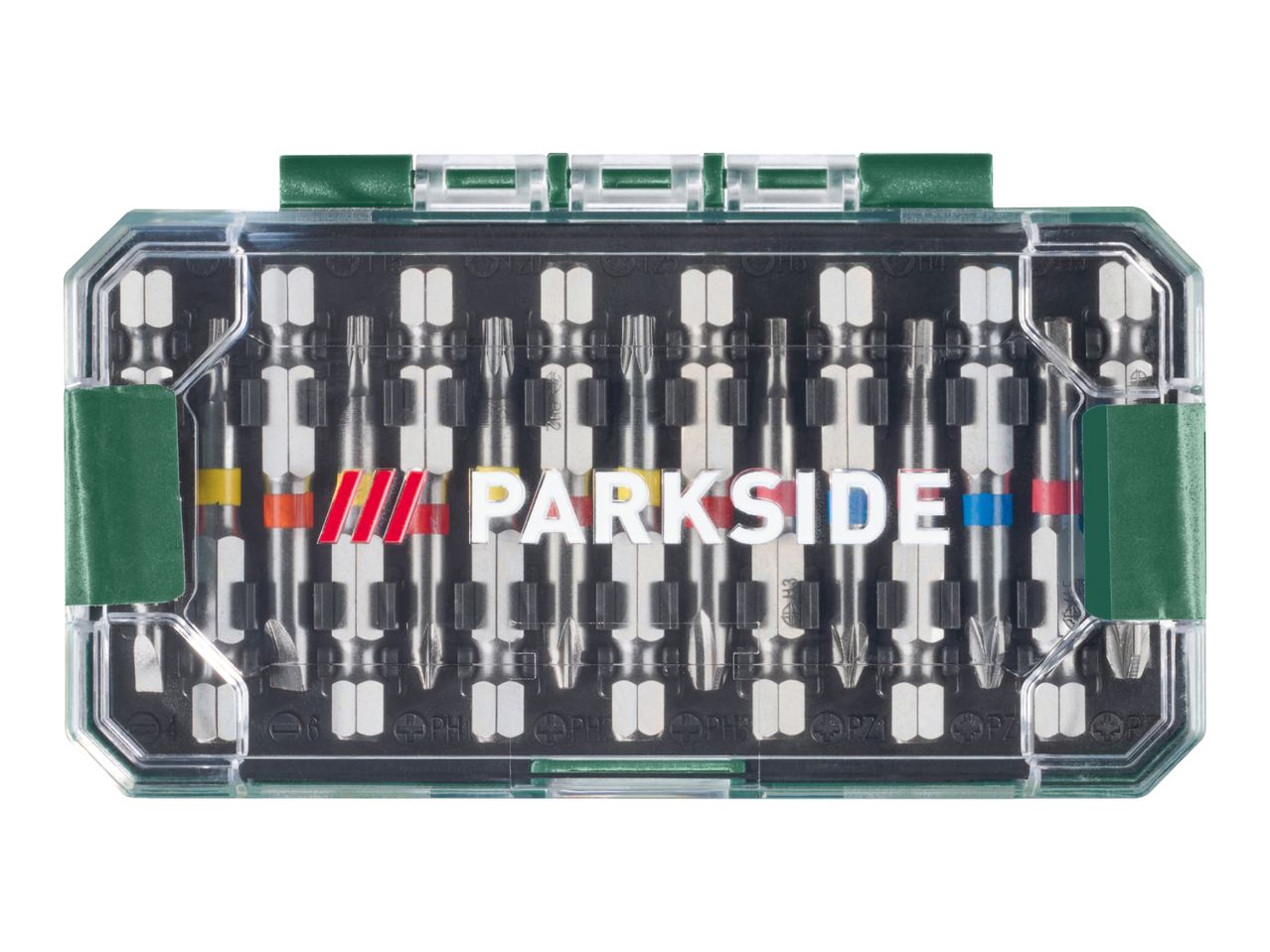Screwdriver bit set in a clear case with various sizes and types, including Phillips, Torx, and hex.