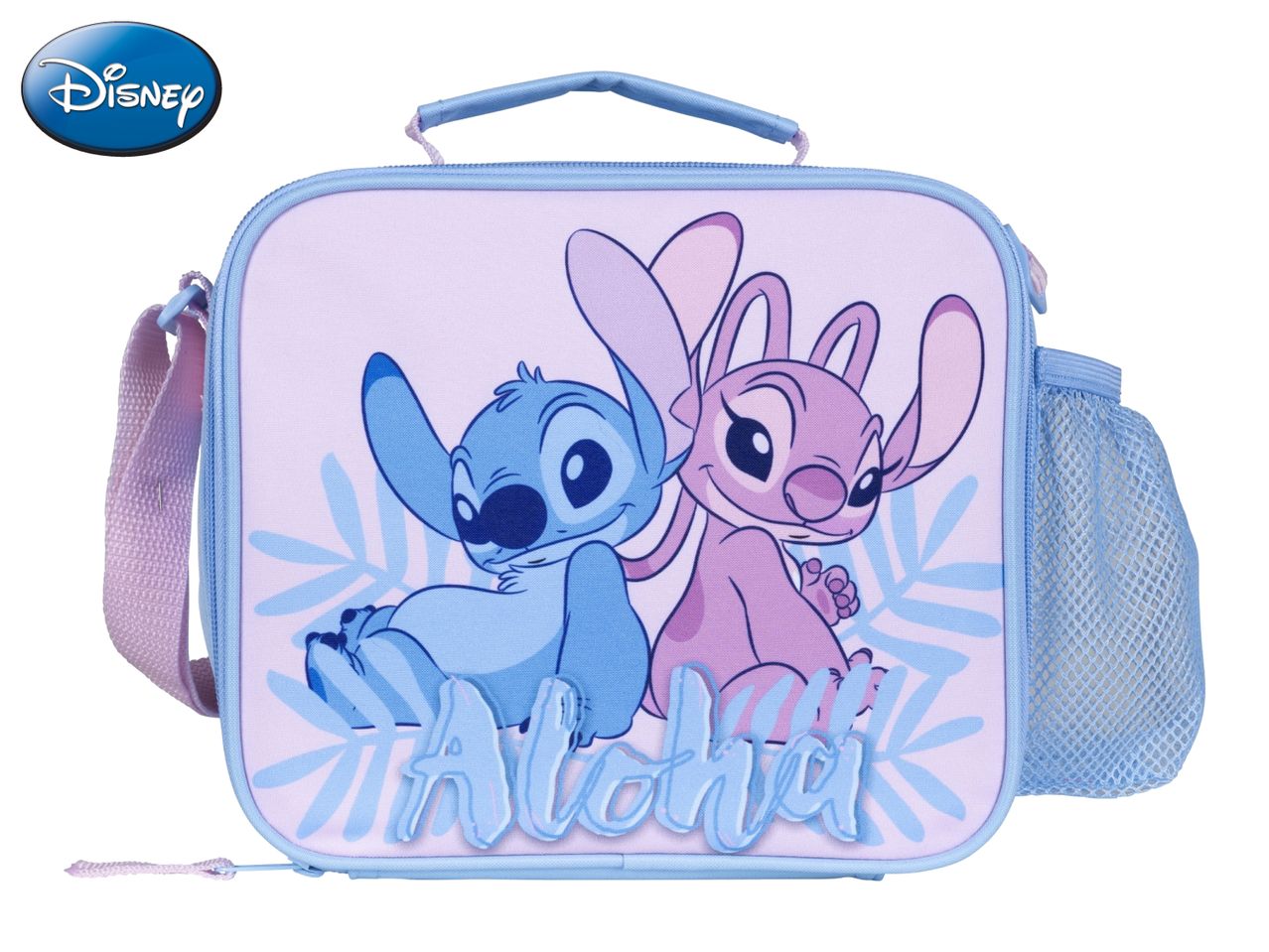 Stitch and Angel lunch bag with 'Aloha' text and a side mesh pocket.