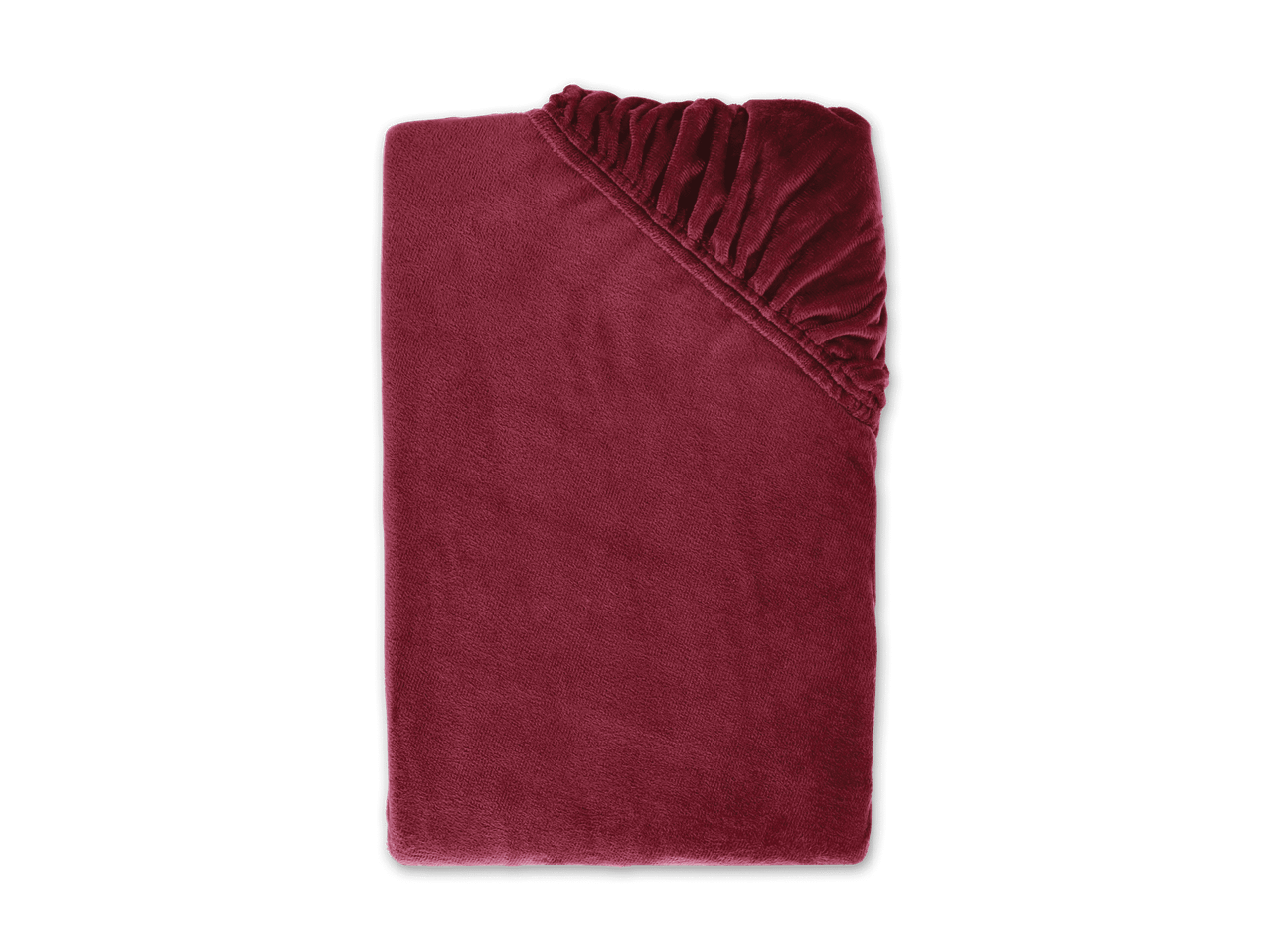 Burgunderrotes Spannbettlaken aus weichem Material, gefaltet mit Gummizug sichtbar