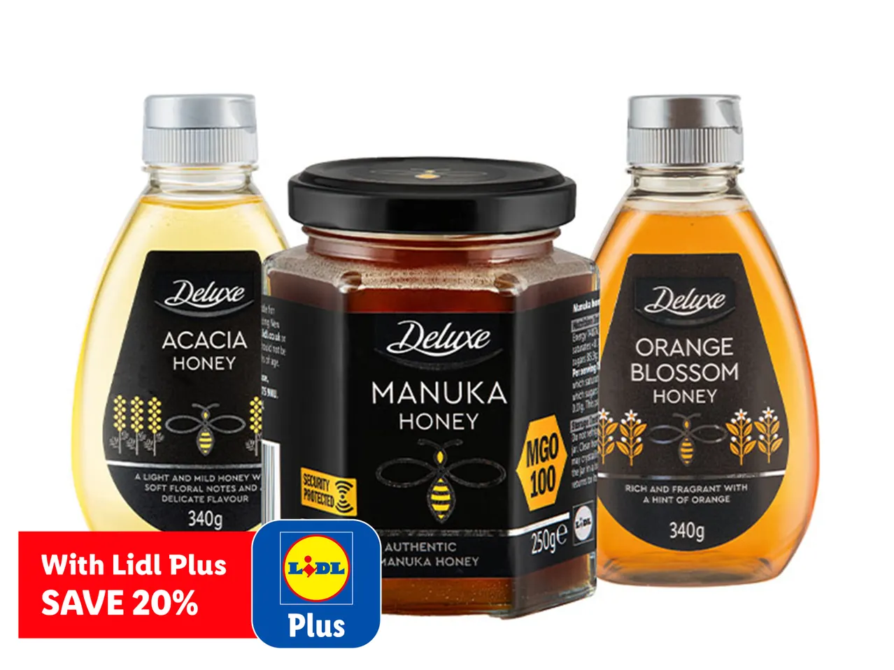 Deluxe Acacia, Manuka, and Orange Blossom honeys with a Lidl Plus discount.