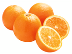 Five oranges, two whole and two halves, on a white background.