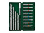 Drill and screwdriver bit set in a green plastic case, including various sizes of drill bits and screwdriver bits.