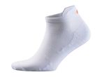 A single white athletic sock with an orange logo on the heel.