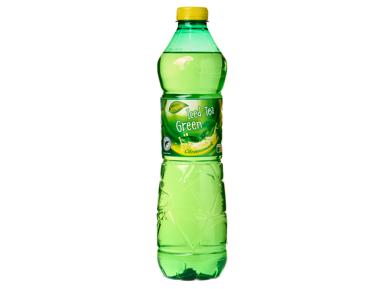 Een groene Freeway IJs thee Green Citroen fles op een zwarte achtergrond.
