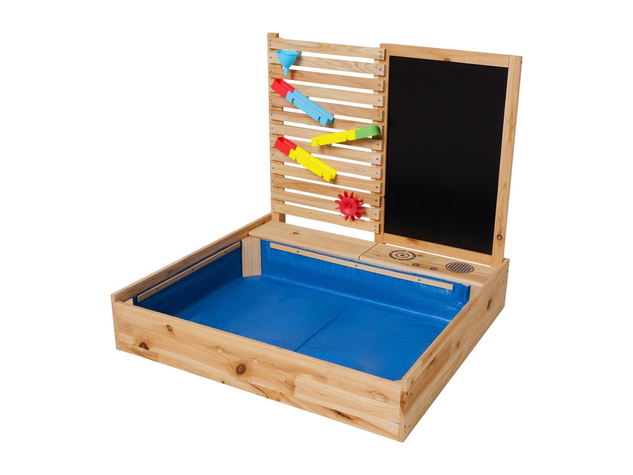 Wooden sand and water play table with a blue liner, water run accessories, and a chalkboard.