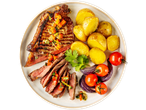 Grilled steak with roasted potatoes, cherry tomatoes, and red onion on a plate.