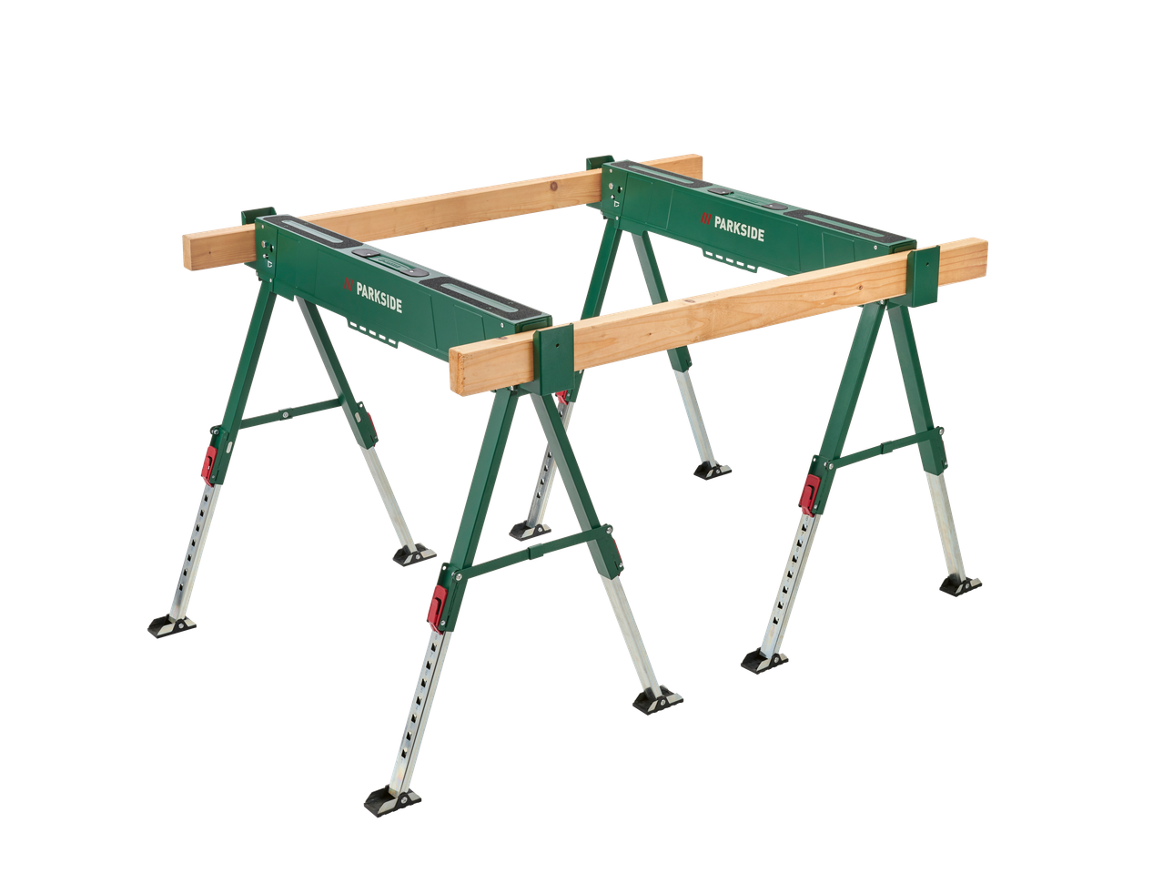 PARKSIDE sklopivi radni stalak s dvije drvene grede na crnoj pozadini