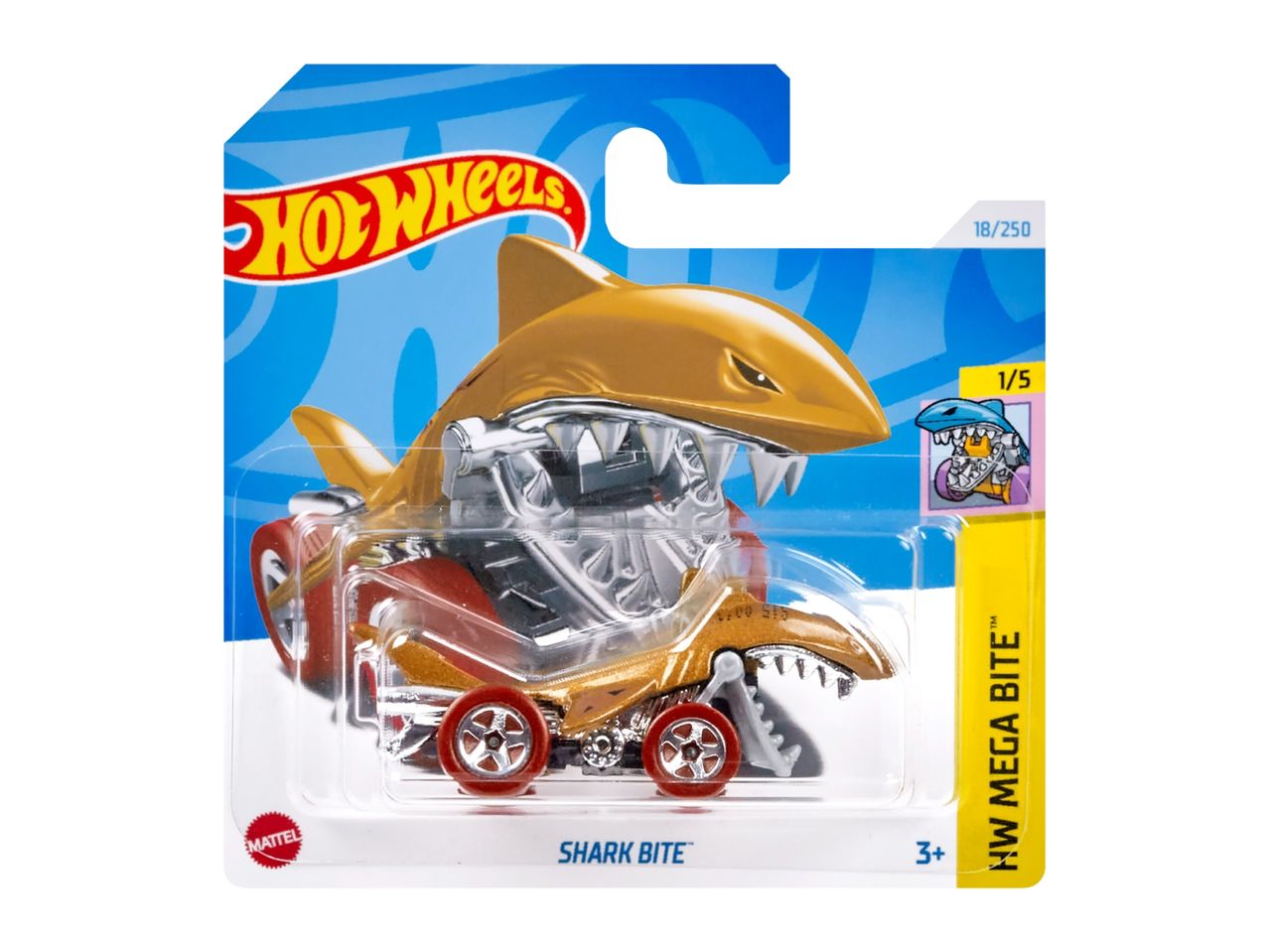 Hot Wheels Shark Bite toy car, gold and red, in its original packaging.