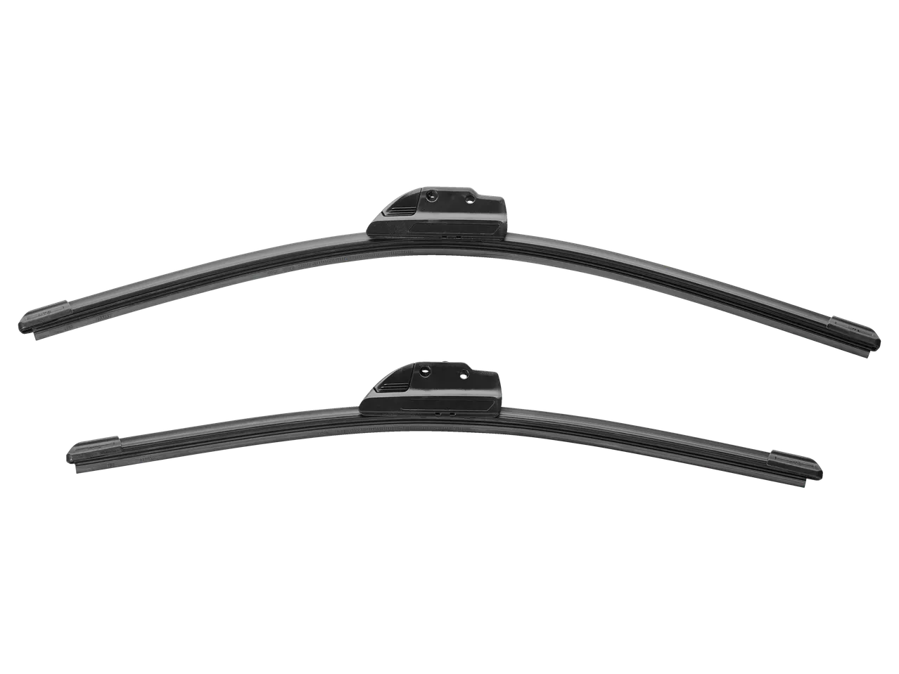 Two black wiper blades with a spoiler on a black background.