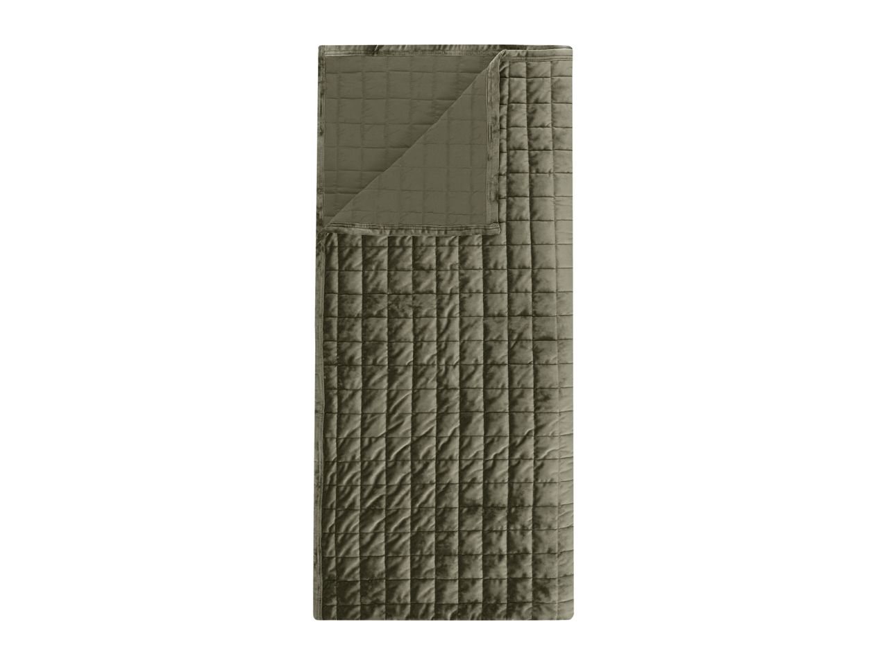 Olive green quilted velvet bedspread with a folded corner