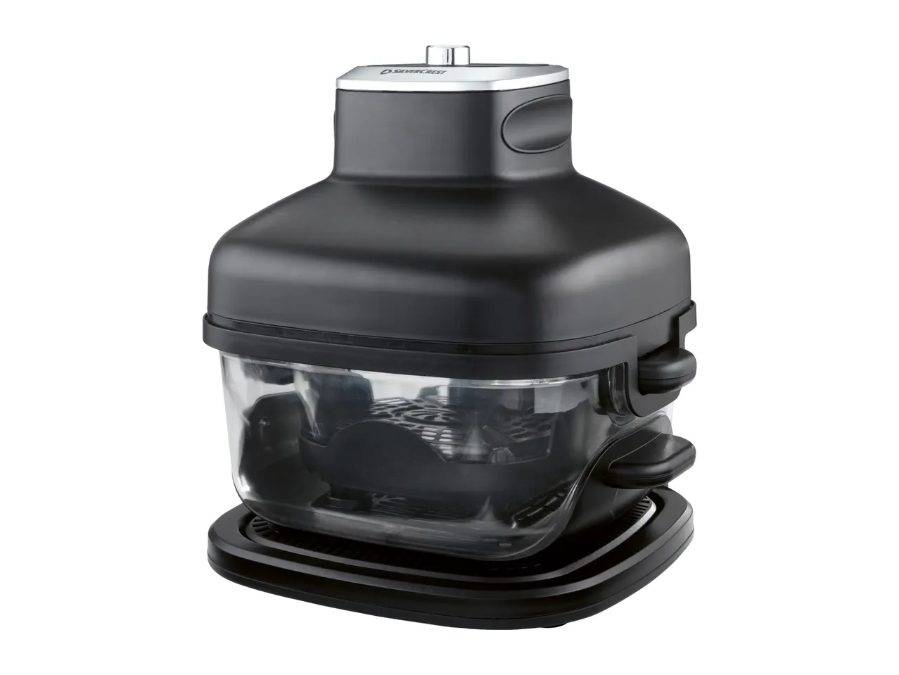 Black and transparent air fryer with a silver top accent