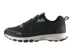 Black and beige trail running shoe with green accents