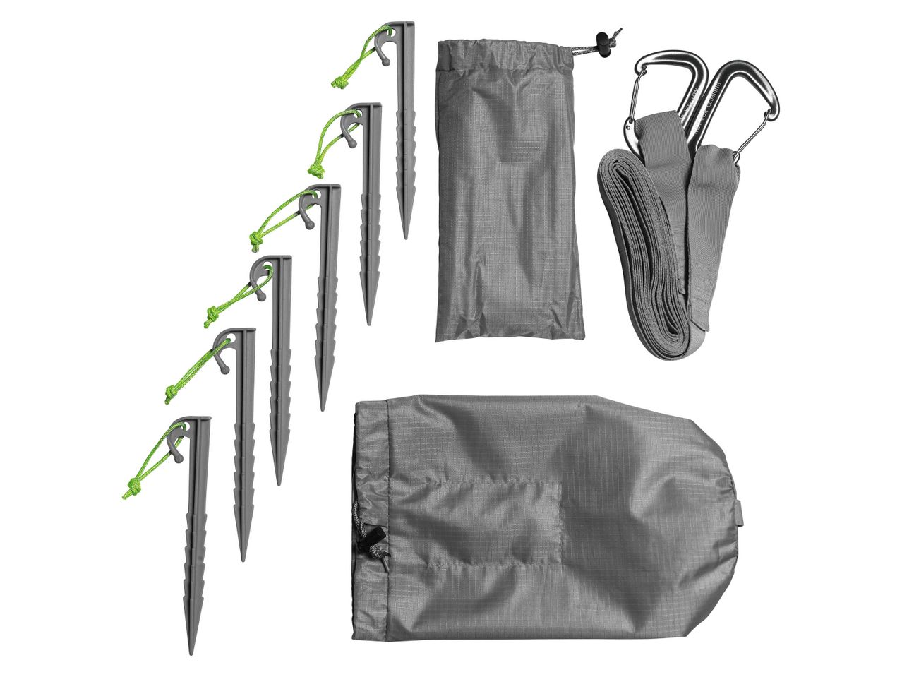 Camping gear including tent stakes, storage bags, and straps with carabiners.