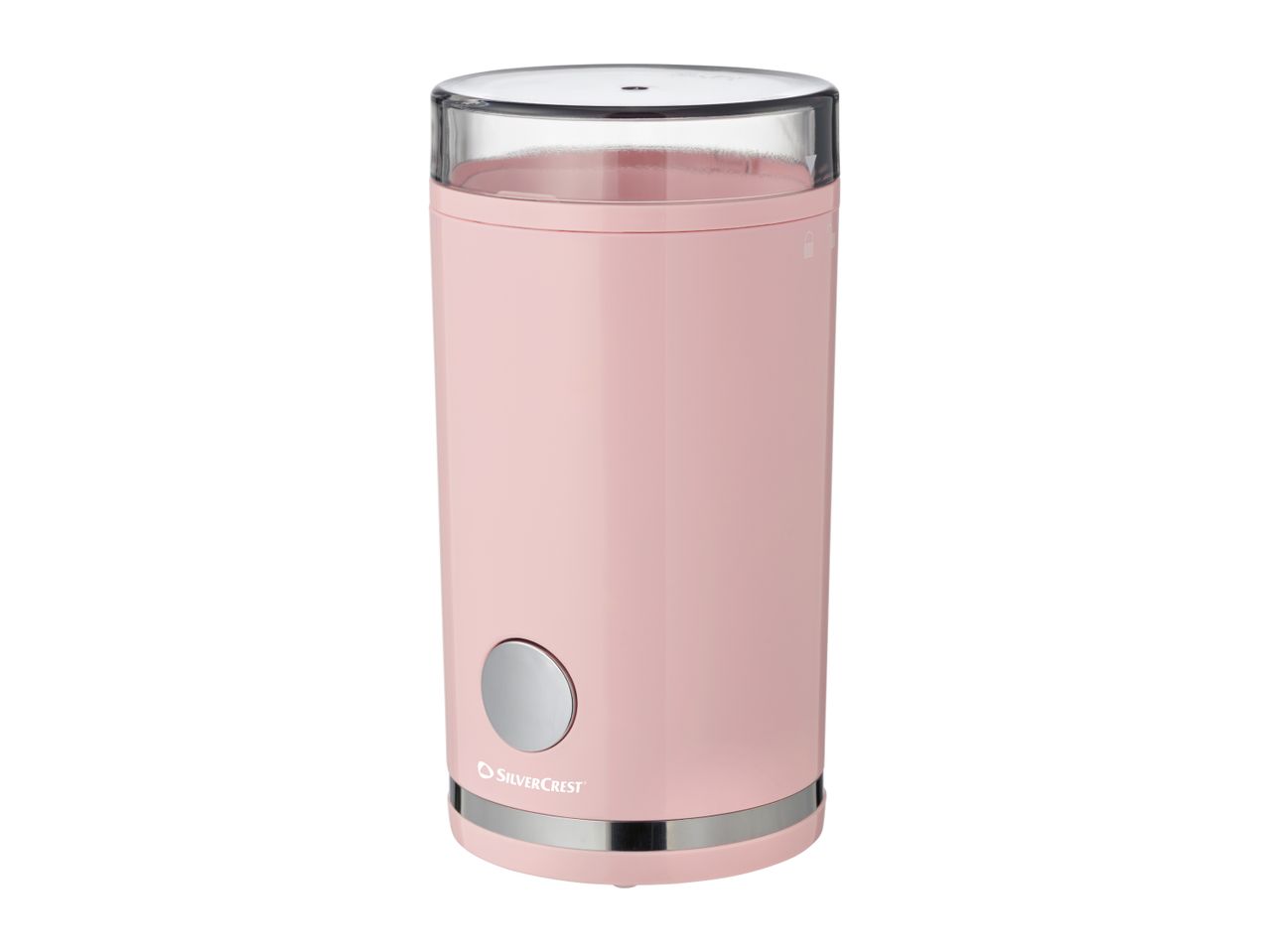 Pink electric coffee grinder with a transparent lid and a silver button.