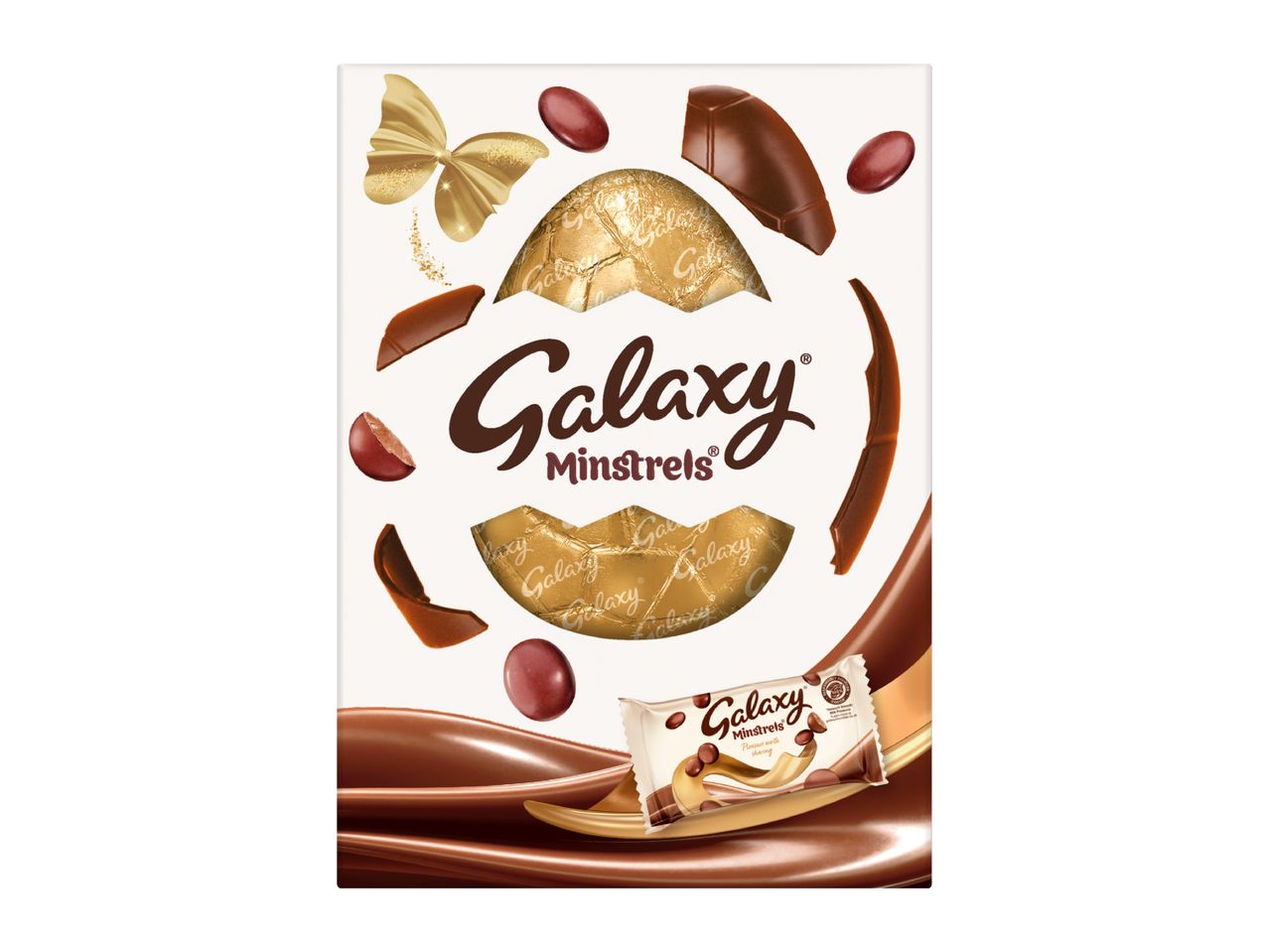Easter egg with chocolate pieces, Minstrels, and a chocolate bar on a swirled background.