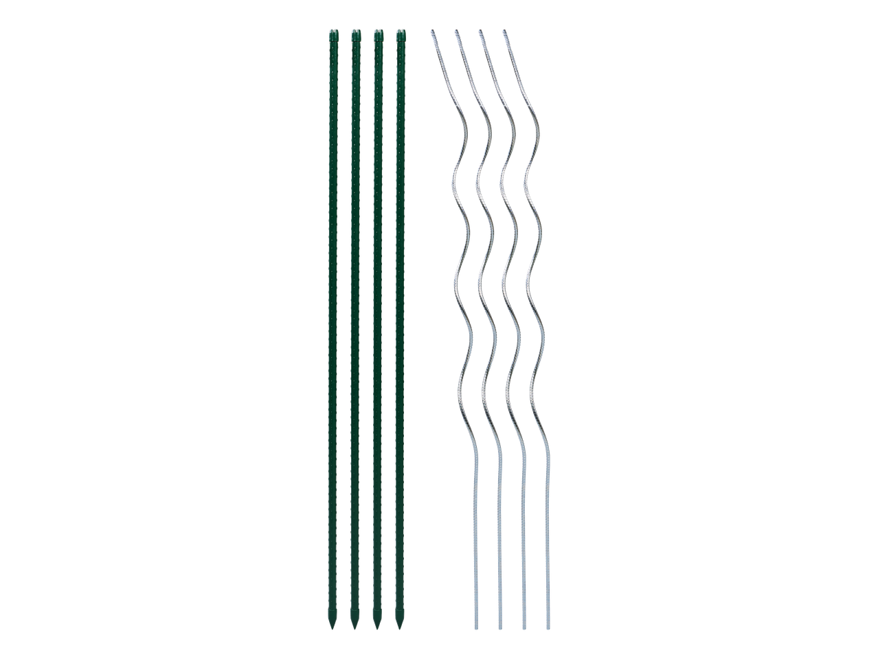 Četiri zelena ravna štapa i četiri srebrna valovita štapa za potporu biljkama.