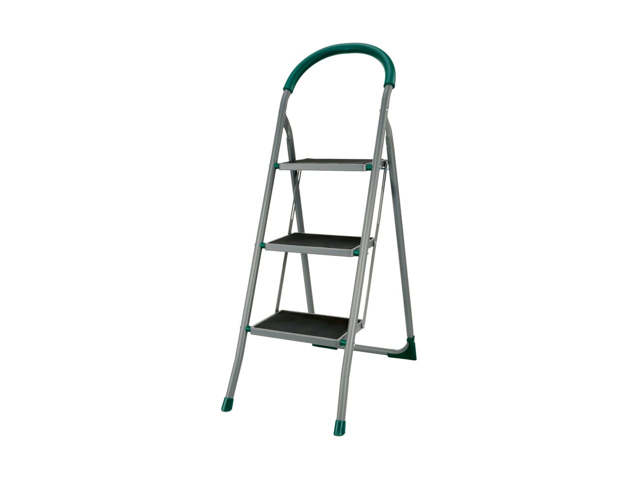 A three-step folding ladder with a grey frame, black steps, and a green handle and feet.