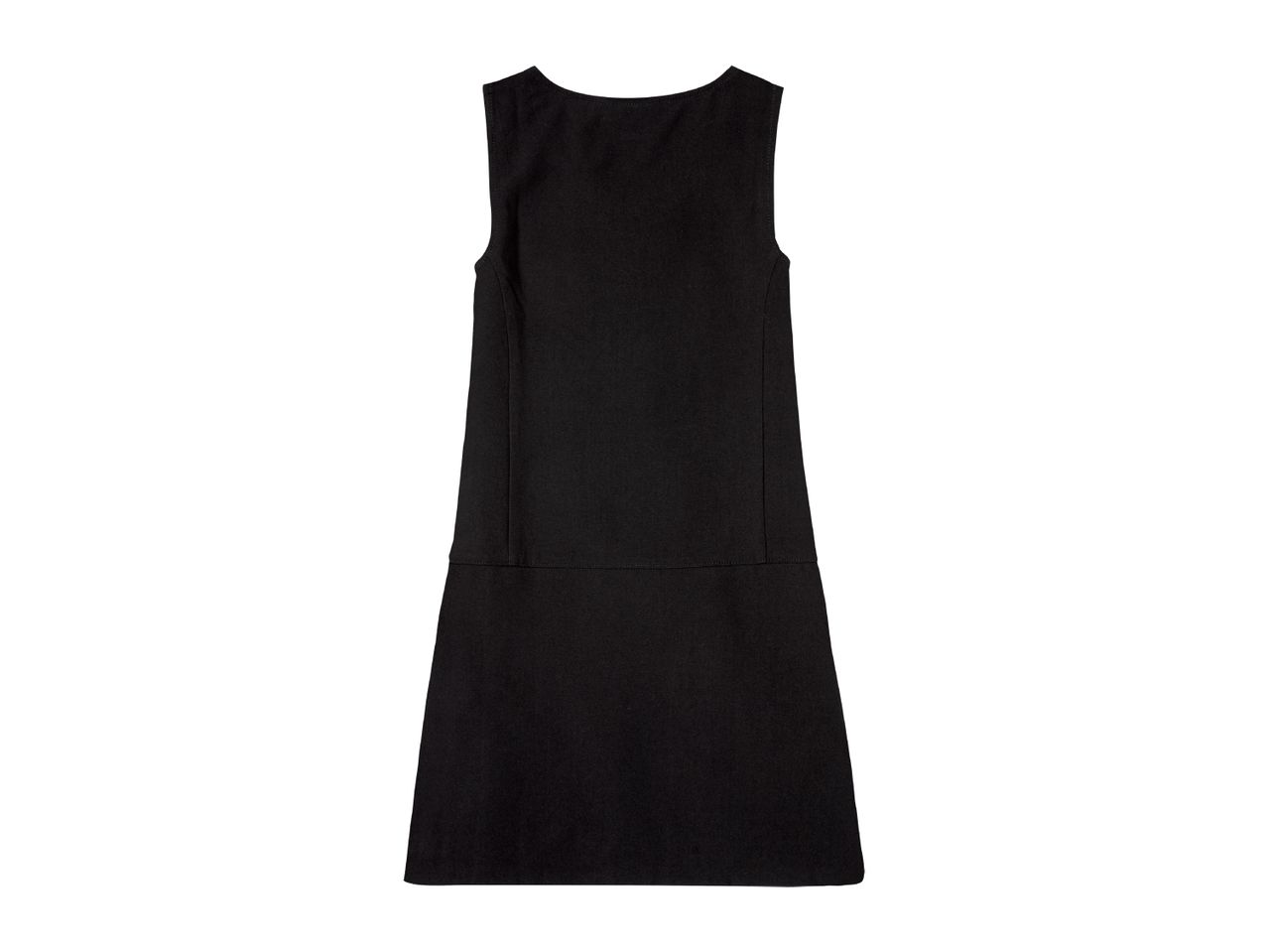 A simple black sleeveless dress with a slightly flared hem.