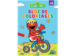 Bloc de coloriages Sesame Street avec Elmo sur un tricycle, et un crayon rouge.