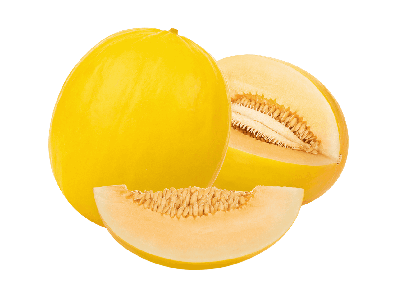 Eine ganze, eine halbierte und eine Scheibe gelbe Honigmelone.