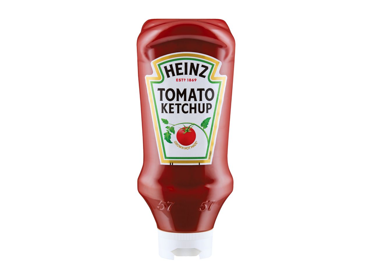 Red tomato ketchup bottle with a white label featuring a tomato and green leaves.