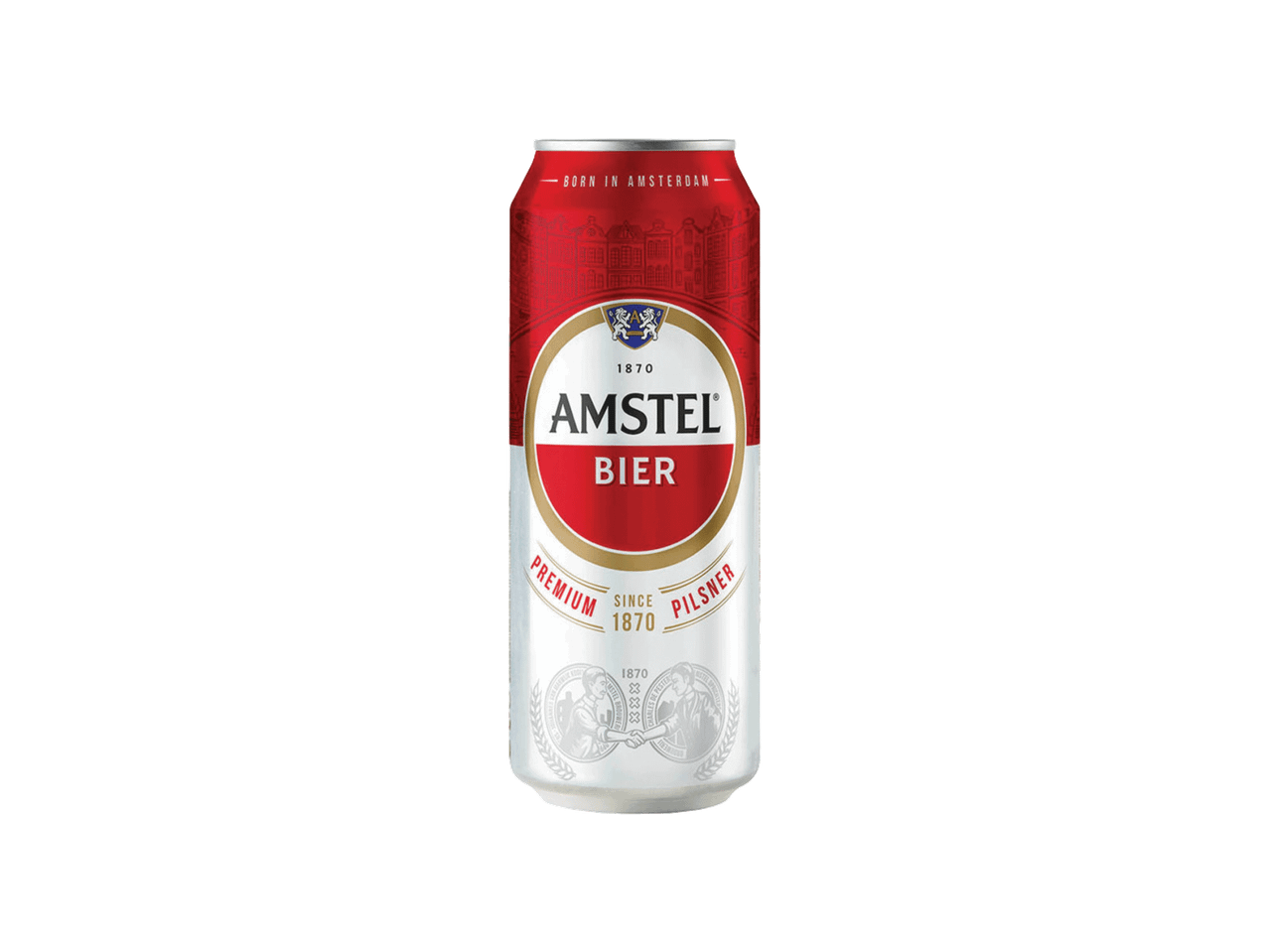 Crvena i bela limenka piva sa natpisom „Born in Amsterdam“ i „Premium Pilsner“.