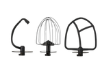 Three SILVERCREST® Stand Mixer attachments: a dough hook, a wire whisk, and a flat beater.