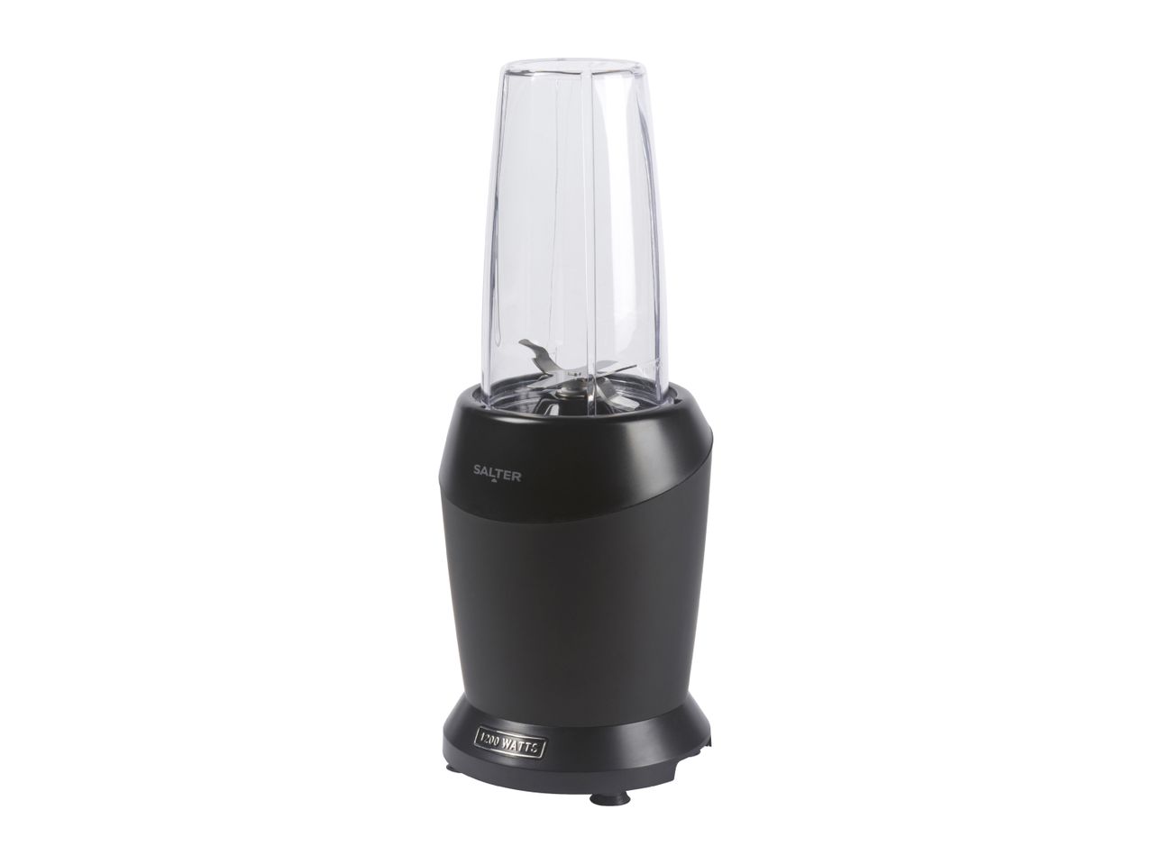 Black personal blender with a clear blending cup and a 1200-watt base.