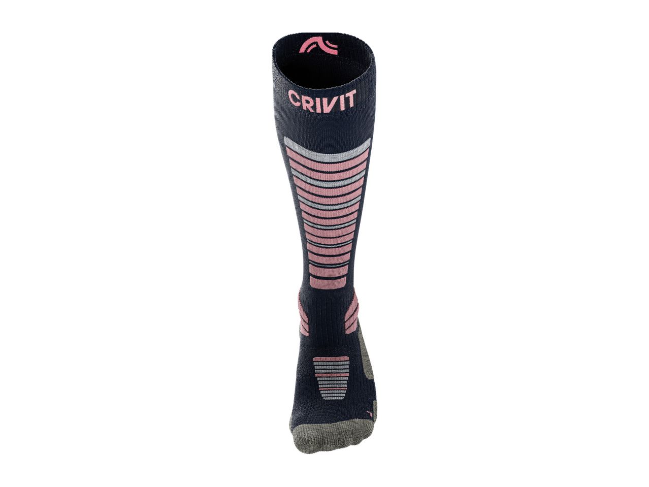 A single dark blue Crivit ski sock with pink and grey stripes and accents.