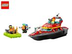 A red fireboat with two minifigures, one on a small green raft with flames, and another with a jetpack.