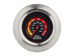 A round grill thermometer with a brushed metal bezel, displaying temperatures from 0 to 850 degrees Fahrenheit, with a red needle pointing to approximately 100 degrees Fahrenheit.