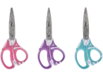 Tre paia di forbici colorate con manici di plastica.