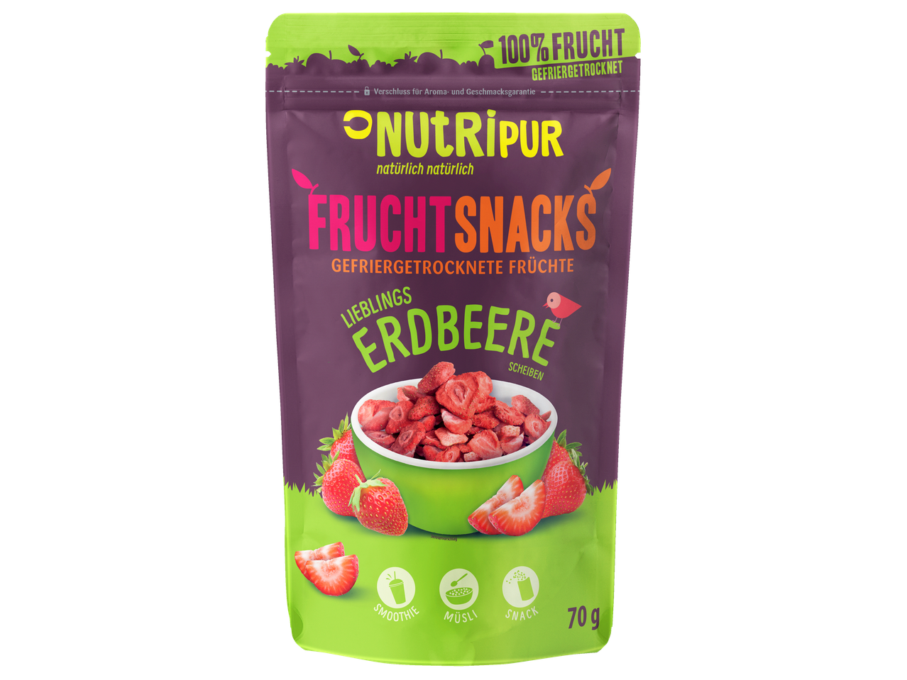 Nutripur gefriergetrocknete Erdbeer-Fruchtsnacks im Beutel.