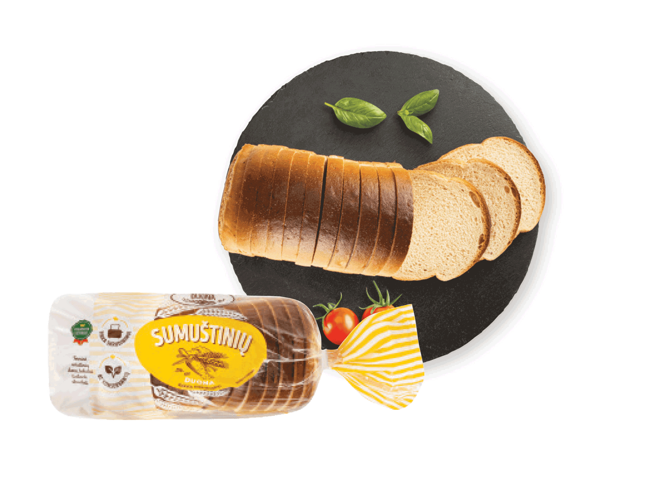Supjaustyta duona ant pjaustymo lentos su baziliku ir pomidorais, šalia pakuotė duonos „Sumuštinių“.