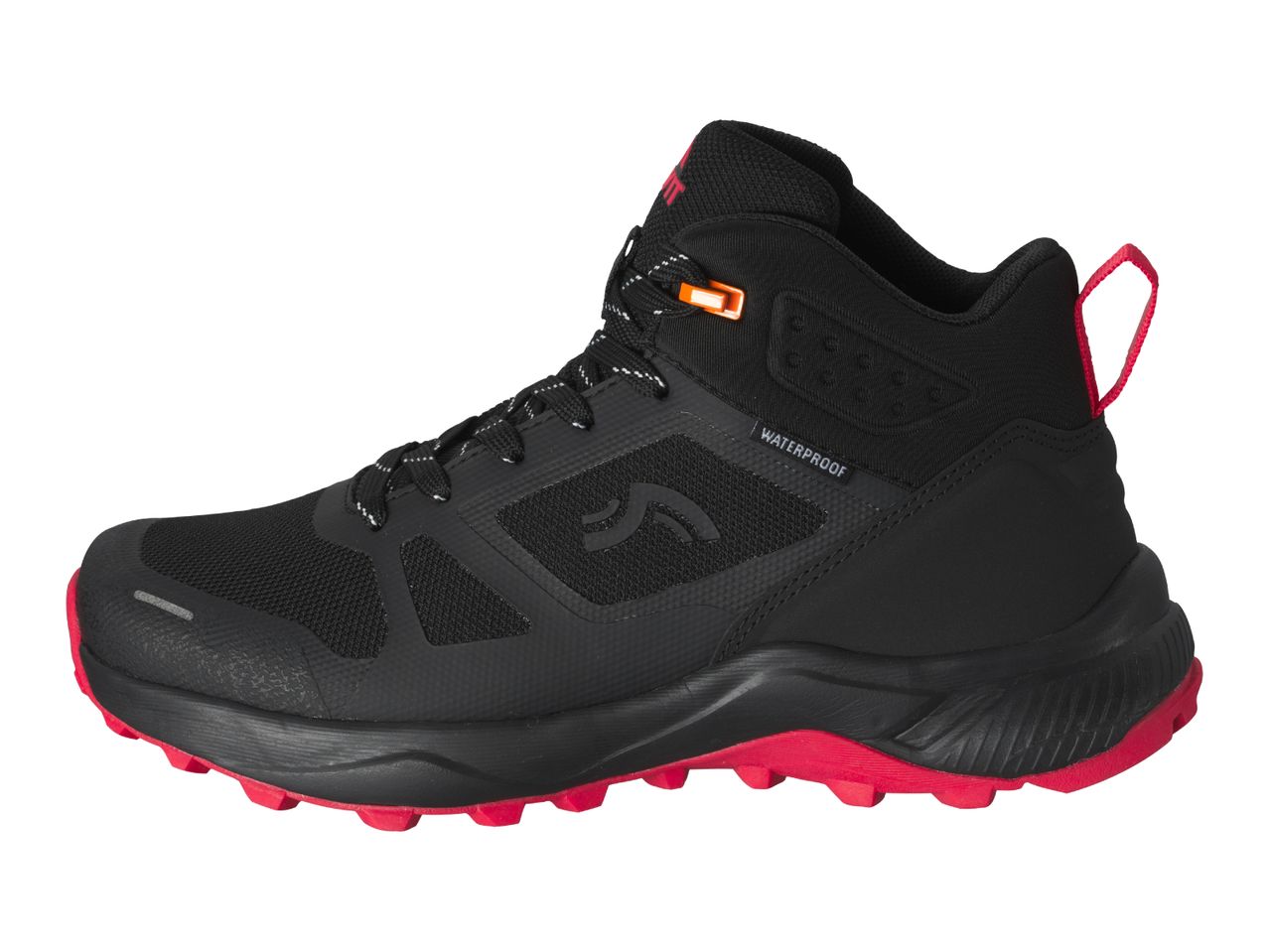 Black and red mid-cut waterproof hiking shoe with orange lace detail