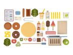 A collection of wooden toy food items including burgers, hotdogs, fries, and drinks.