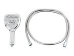 Chrome shower head with multiple spray settings and a coiled metal shower hose.