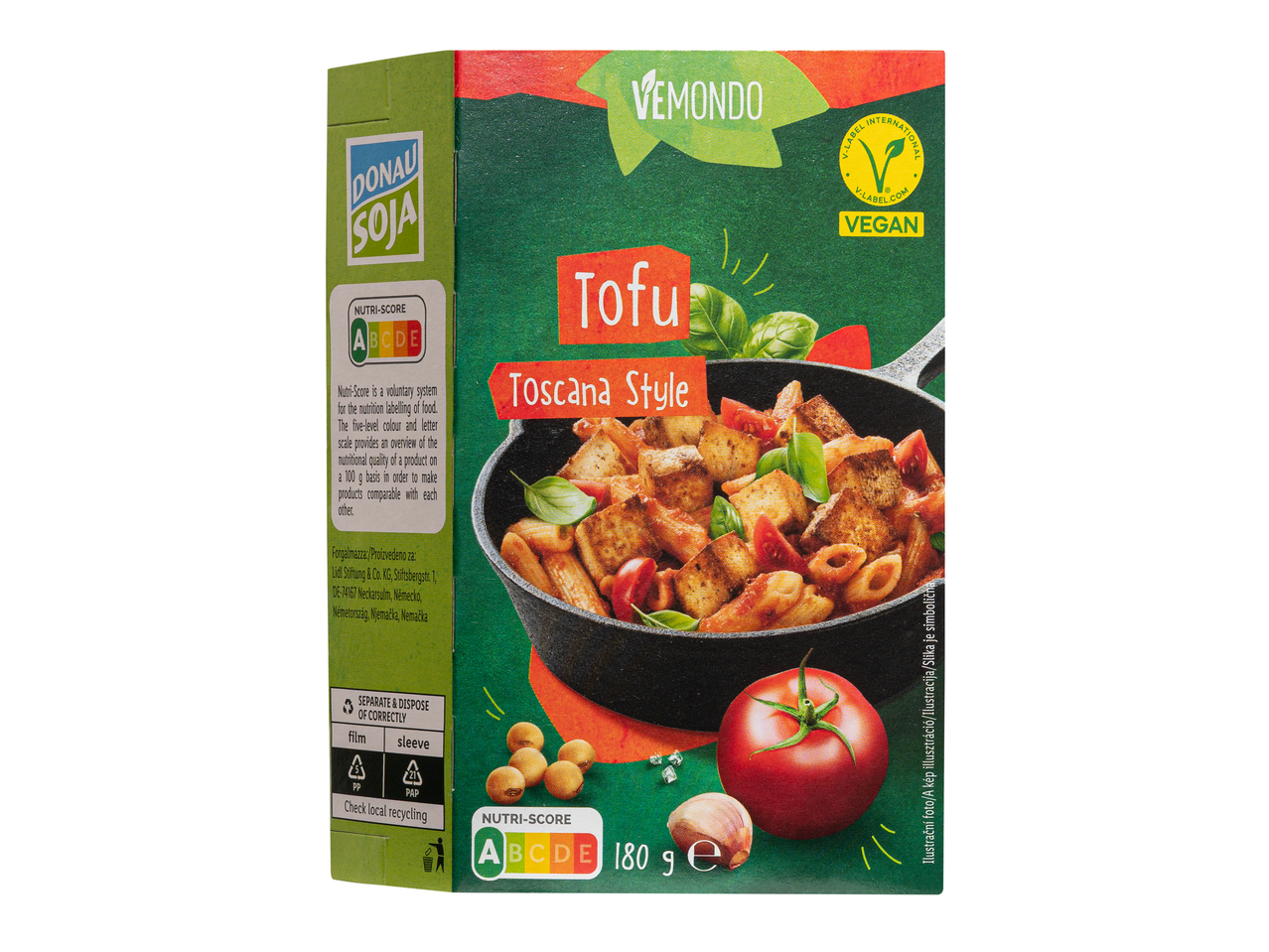 Vemondo Tofu Toscana Style csomagolás Nutri-Score A és vegán címkével.