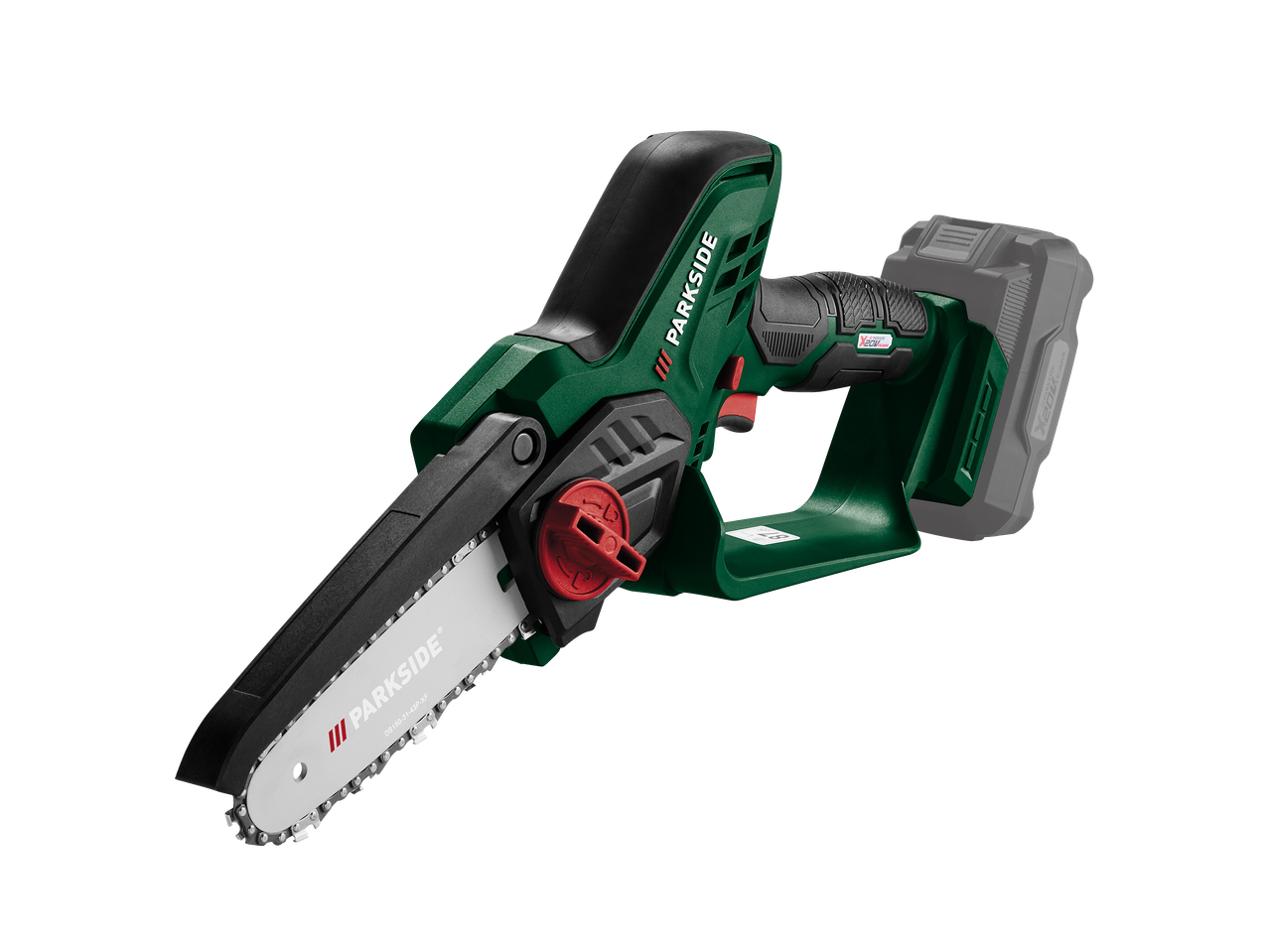 Zöld és fekete akkumulátoros mini láncfűrész, szürke akkumulátorral.