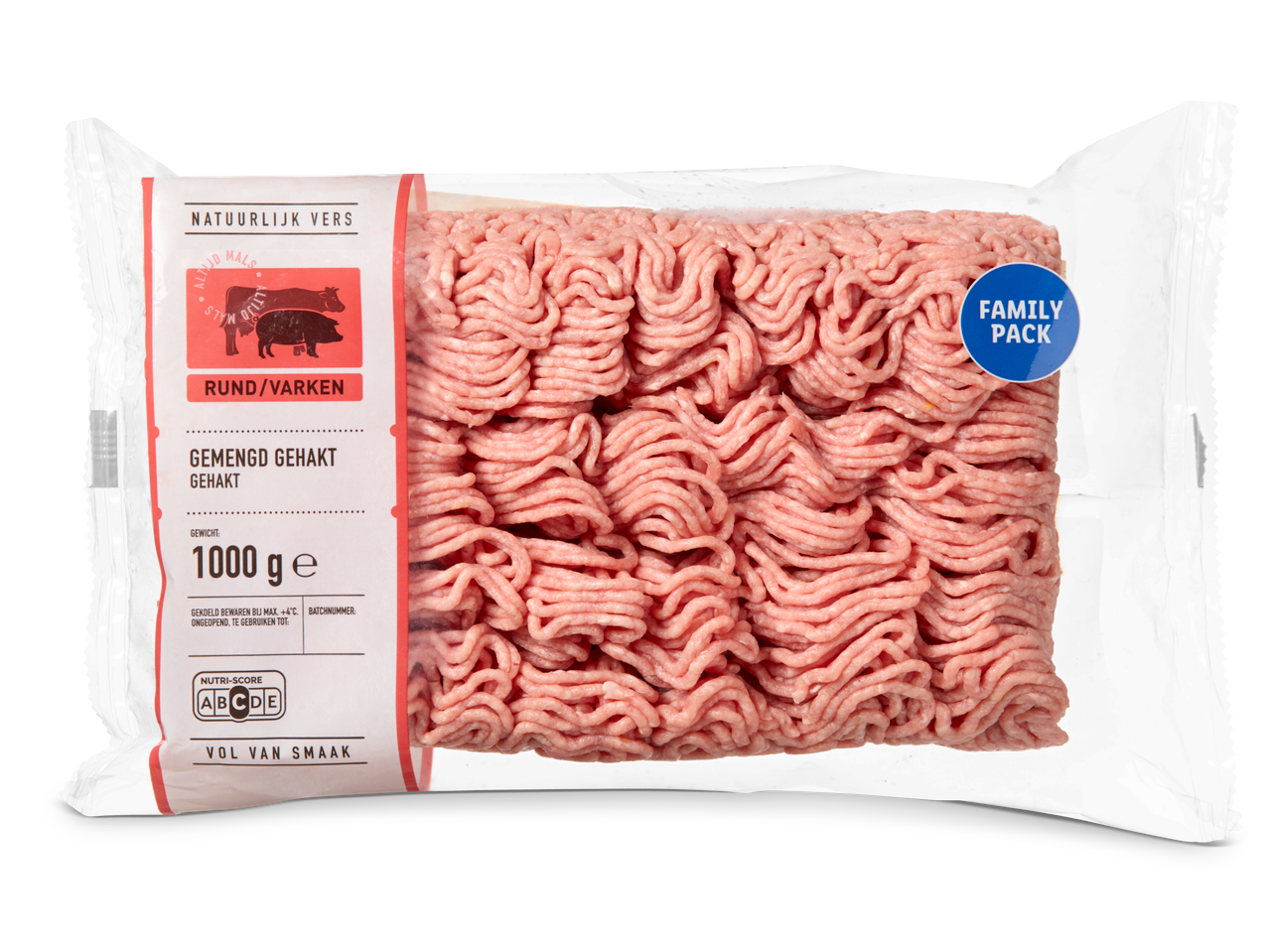 Verpakking met 1000g gemengd gehakt, rund en varken, met Nutri-Score A