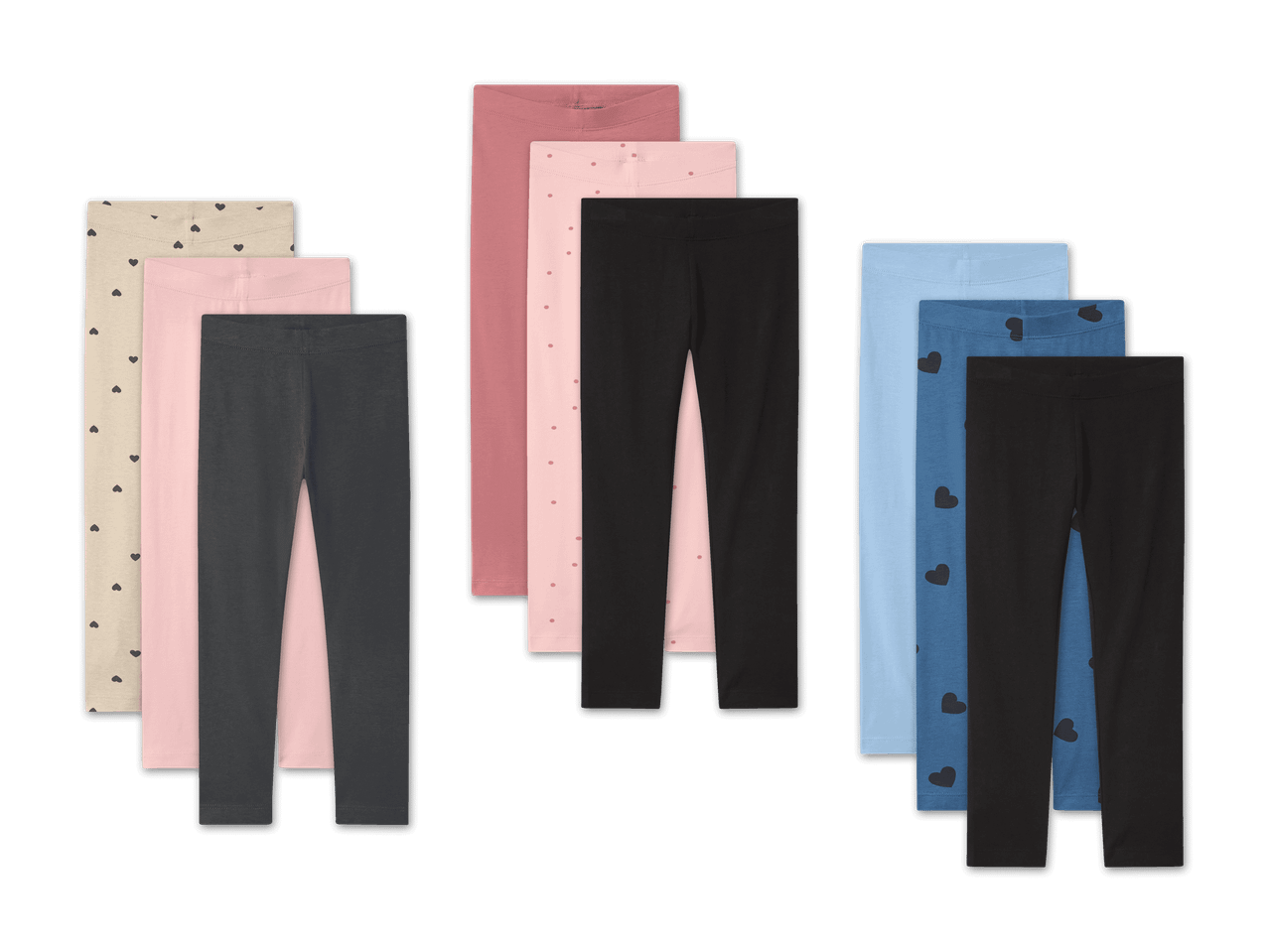 Drei Sets Kinderleggings in verschiedenen Farben und Mustern, darunter Herzen und Punkte.